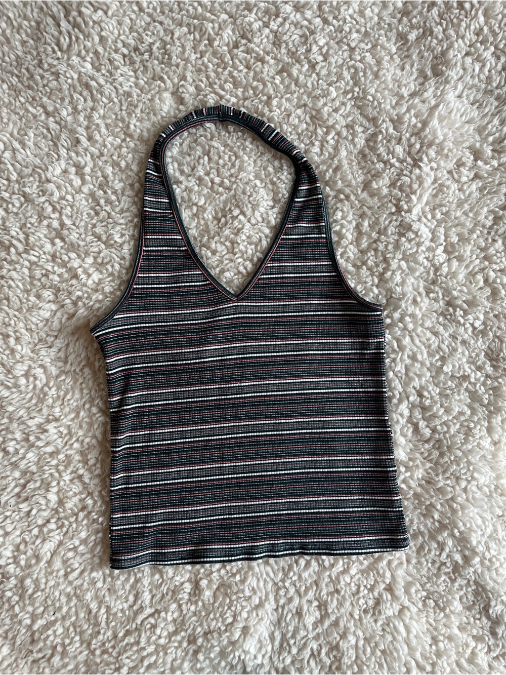American Eagle Striped V-Neck Halter Crop Top - Black Multicolor y2k top